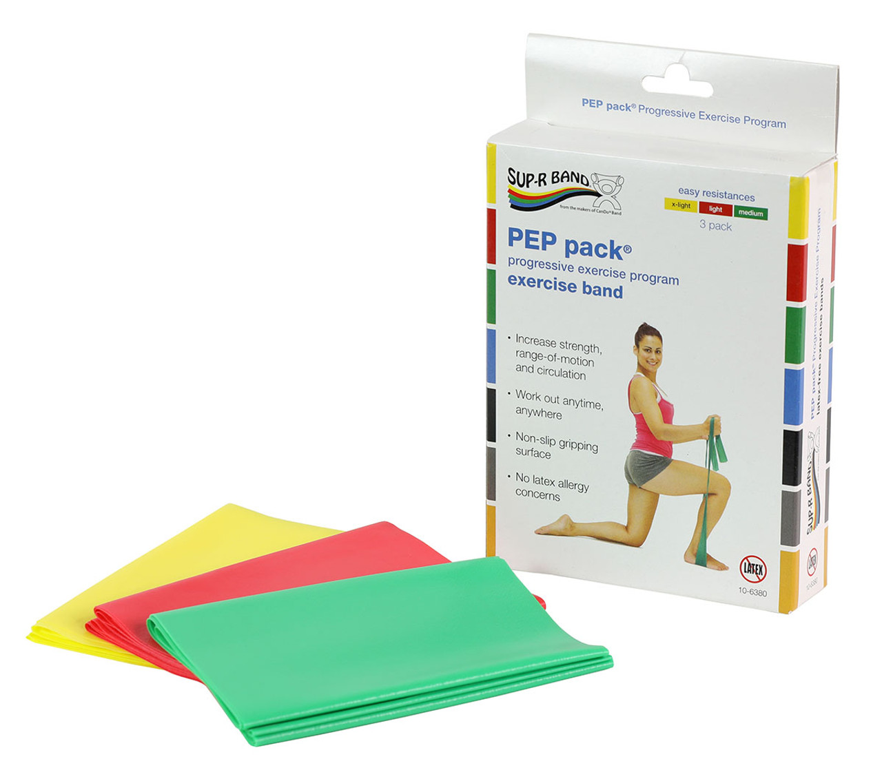 Sup-R Band¨ Latex Free Exercise Band - PEP pack¨, 3-piece set (1 each: yellow, red, green)