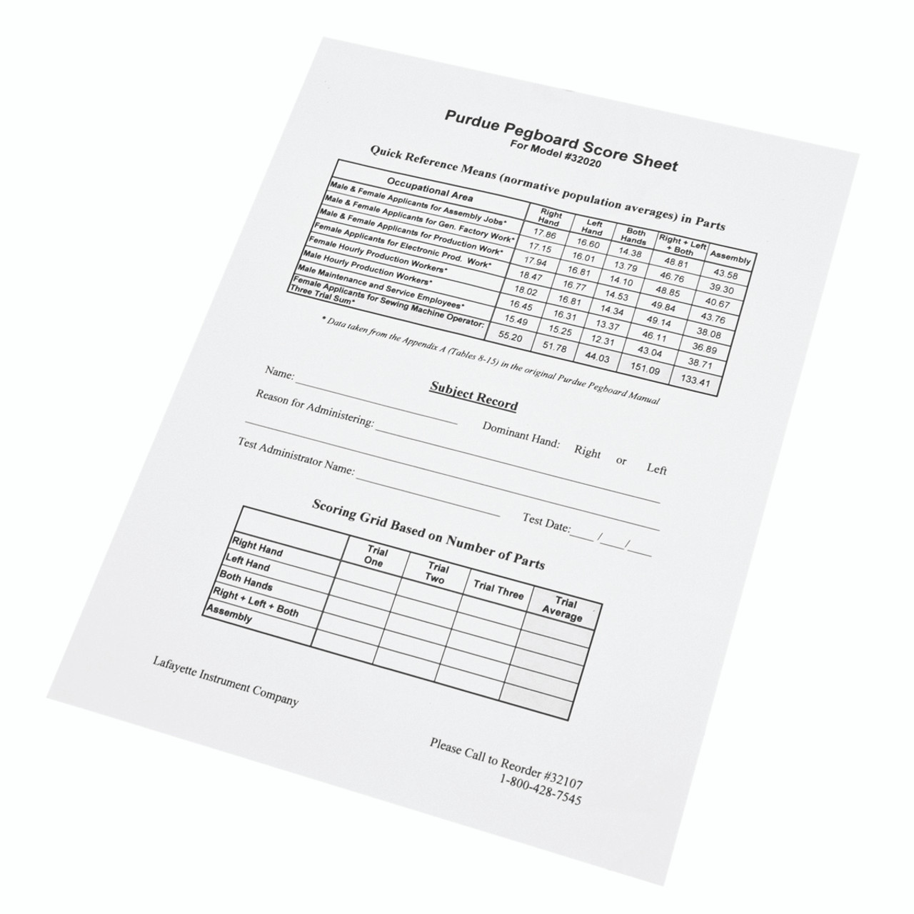 Manipulation and Dexterity Test - Purdue¨ Pegboard Accessory - 25 Scoring Forms