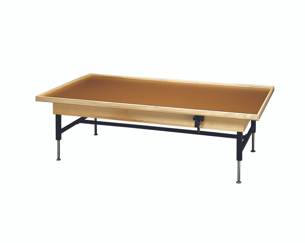 wooden platform table - manual hi-low, raised-rim, 7' x 3' x (19" - 27")