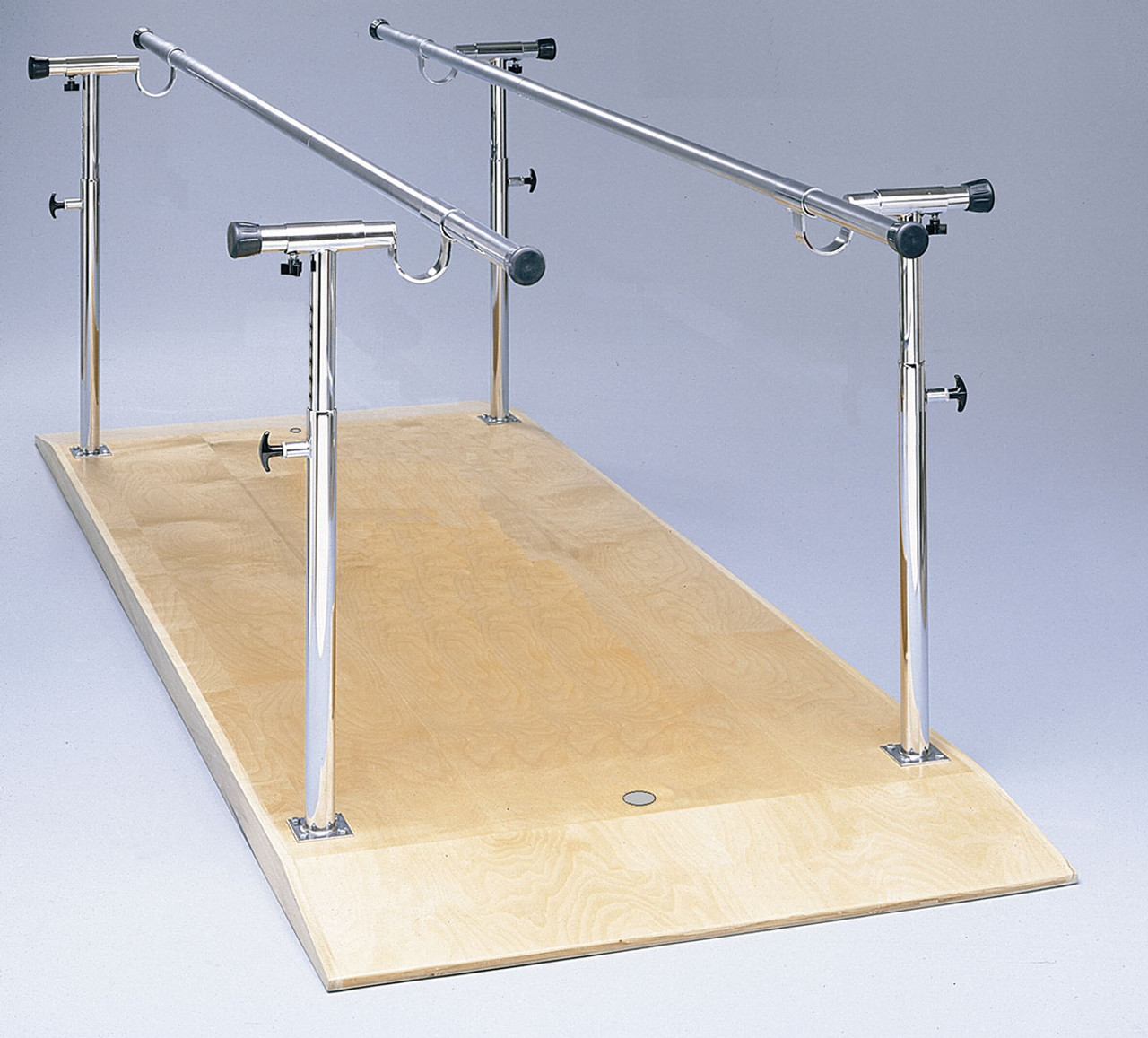 Parallel Bars, wood platform mounted, height and width adjustable, 12' L x 19" - 26" W x 26" - 44" H