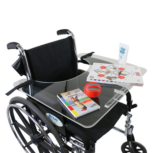 Wheelchair tray clear acrylic with rim and straps