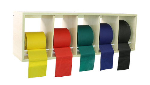 CanDo¨ exercise band rack, plastic, 5 rolls, INCLUDING: 5 x 50 yard CanDo¨ latex free set (yellow, red, green, blue, black)