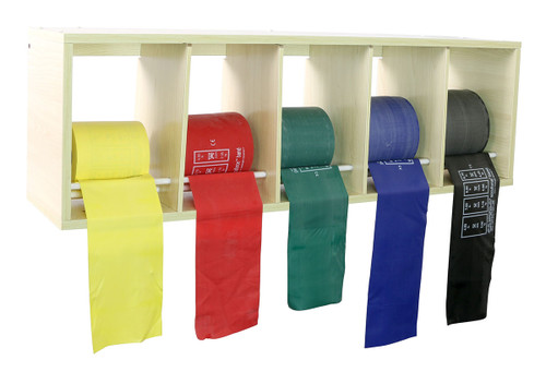 CanDo¨ exercise band rack, plastic, 5 rolls, INCLUDING: 5 x 50 yard CanDo¨ AccuForceª low powder set (yellow, red, green, blue, black)
