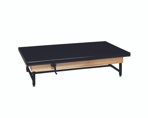 wooden platform table - manual hi-low, upholstered, 7' x 3' x (19" - 27")