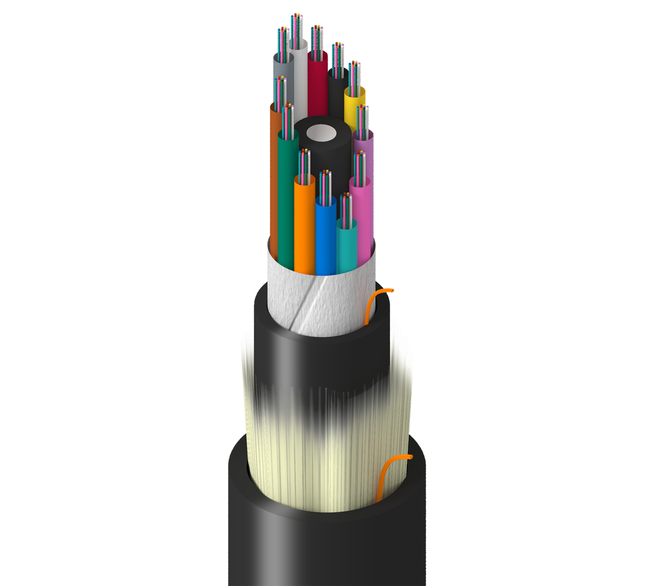 TF-3LG-144-R25 - Factory, In+Outdoor, MLT, OM3, 144f, Gel Tubes 2.8mm, Dbl Jkt - PVC, OFNR, O3 UV Oil Res