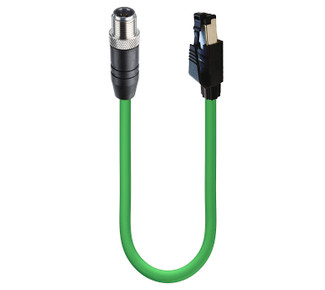 0985 342 104 - Fast Ethernet Cat5e Data Double-Ended Cordset: Male straight D-coded black M12 Standard to male straight RJ45-coded black RJ45 Field Attachable, shielded, 30 V AC / 42 V DC, 1.5 A; PUR green cable, 4-wires, 2x2x0.34 mm²