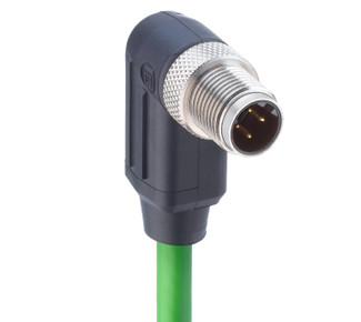 0985 342 130 - Fast Ethernet Cat5e Data Single-Ended Cordset: M12 Standard, male, angled, 4-pin, D-coded, shielded, black body, 50 V AC / 60 V DC, 4 A; PUR green cable, 4-wires, 2x2x0.34 mm²