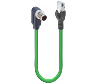 0985 342 134 Overmolded - Fast Ethernet Cat5e Data Double-Ended Cordset: Male angled D-coded black M12 Standard to male straight RJ45-coded black RJ45, shielded, 30 V AC / 42 V DC, 1.5 A; PUR green cable, 4-wires, 2x2x0.34 mm²