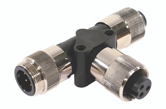 TAP-P 3 - Mini Power Tee Connector: 1 3/8" male to 1 3/8" female and 1 3/8" female, 3-pin(2+PE), black body, 600 V, 42 A