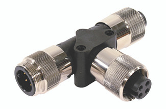 TAP-P 4 - Mini Power Tee Connector: 1 3/8" male to 1 3/8" female and 1 3/8" female, 4-pin(3+PE), black body, 600 V, 40 A