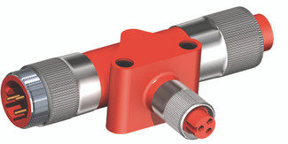 TAP-PA 3-R - Mini Power Reducing Tee Connector: 1 3/8" male to 1 3/8" female and 7/8" female, 3-pin(2+PE), red body, 600 V, 18 A