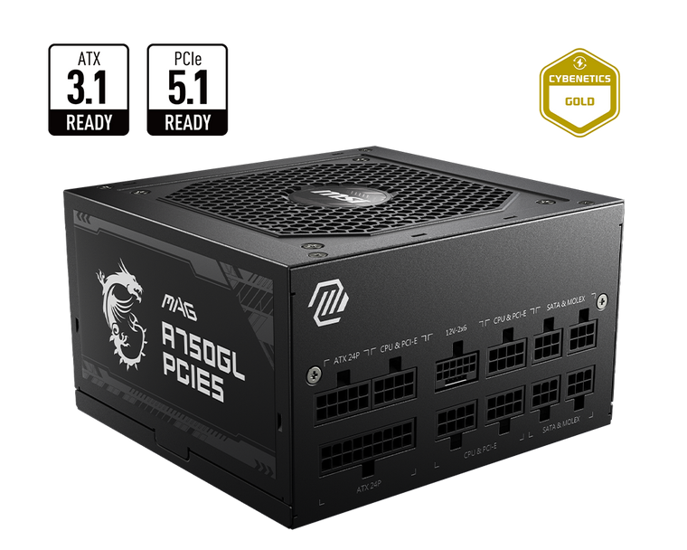 MSI MAG A750GL PCIE 5.1 & ATX 3.1 750W Full Modular 80 Plus Gol Power Supply