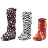 Easy on. Easy off.  No threading, elastic, Velcro, zippers or buttons!  Lots of Dots and Zebra are shown on the high-top models; Flames on Red is shown on the low-top model.