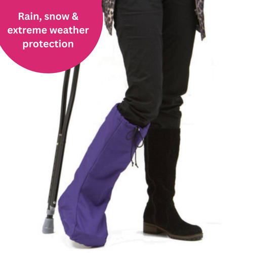 BootGuardzXtreme! in rugged Purple Denier.  BootGuardzXtreme! protects you and your orthotic walking boot from extreme weather like snow, sleet, and rain.  Optional sewn-in toasty liner for the sub-zero climates.