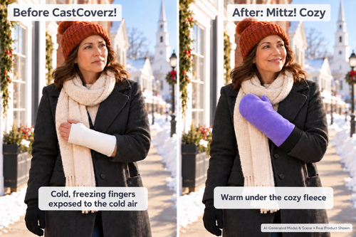 This before and after was inspired by one of our real customer reviews! "Absolutely perfect!!!! Where I live it is cold in the mornings now and my poor casted hand and fingers are freezing. Thank you for designing such a wonderful product!"