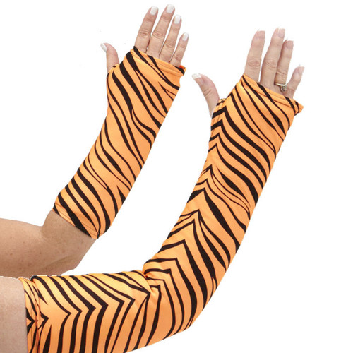 Long and short arm cast cover in a vibrant orange and black animal print.