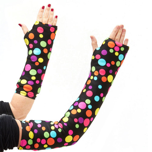 Random, brightly colored dots dance across a black background which hides dirt and makes this arm cast cover fun!