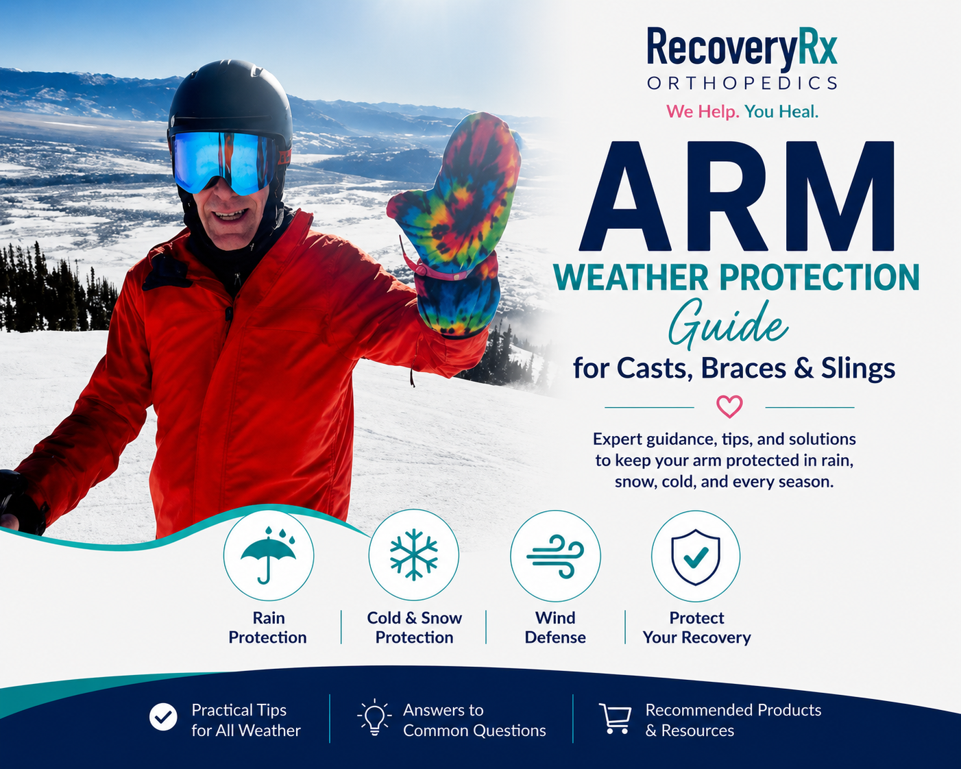 Patient using a Mittz® arm cast cover while skiing in winter conditions, demonstrating weather protection for casts, braces, and slings during orthopedic recovery.