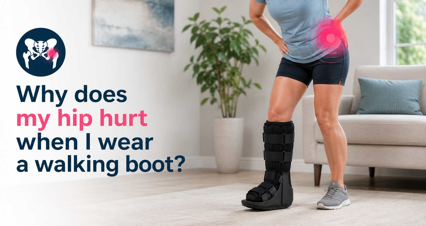 graphic that says why does my hip hurt when i wear a walking boot? and a photo of a woman wearing an orthopedic walking boot with hip pain 