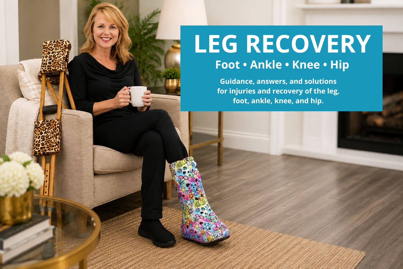 woman in a chair in a living room with a white cup of coffee wearing black clothes and a cover for an orthopedic walking boot and a pair of gold crutches with leopard covers  text on screen is leg recovery