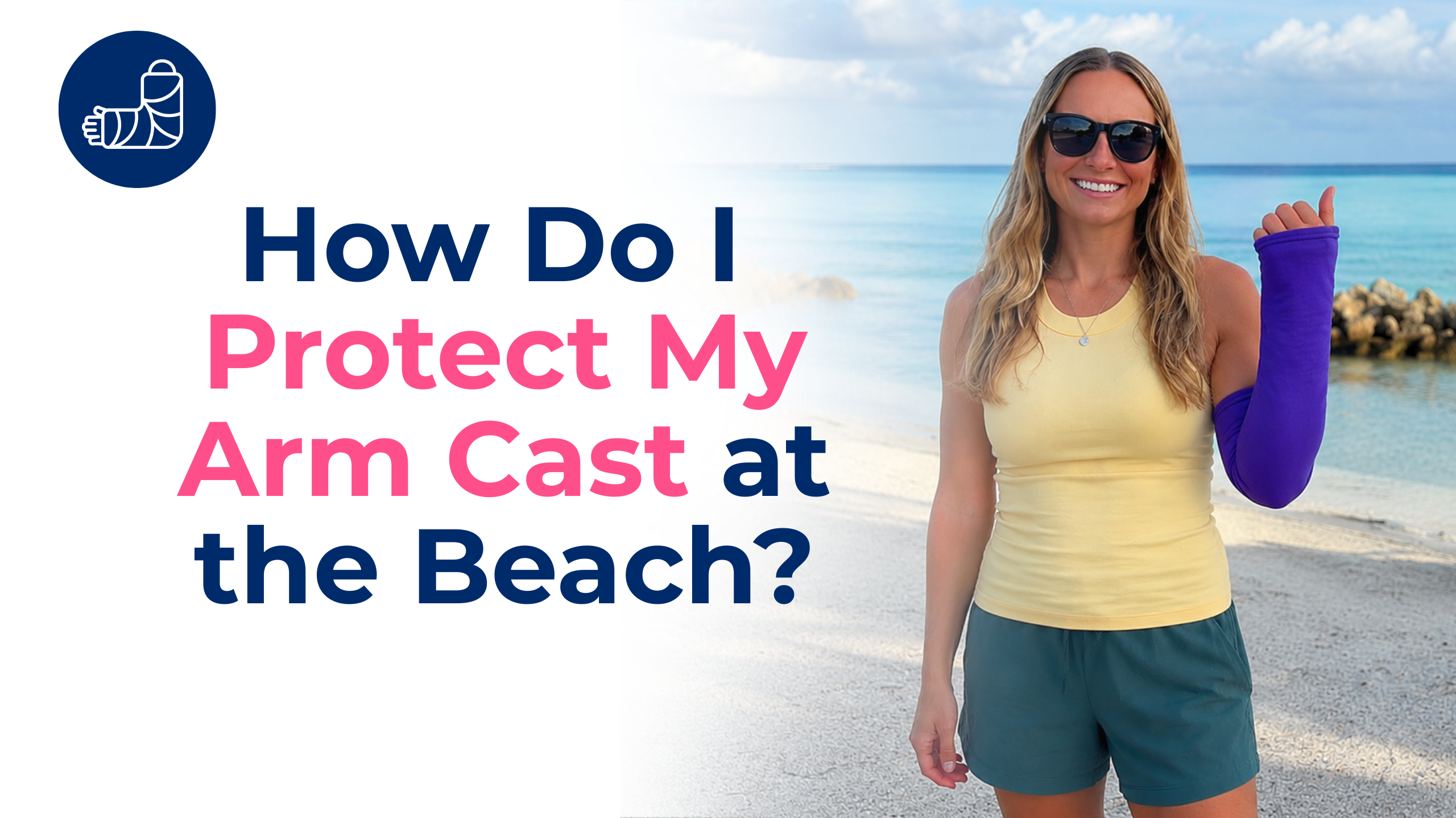 Lifestyle beach photo of a smiling woman wearing a black CastCoverz! recovery mitt while standing on a sandy tropical beach. The image highlights comfortable orthopedic recovery and protective cast coverage for outdoor activities, travel, and beach vacations.
