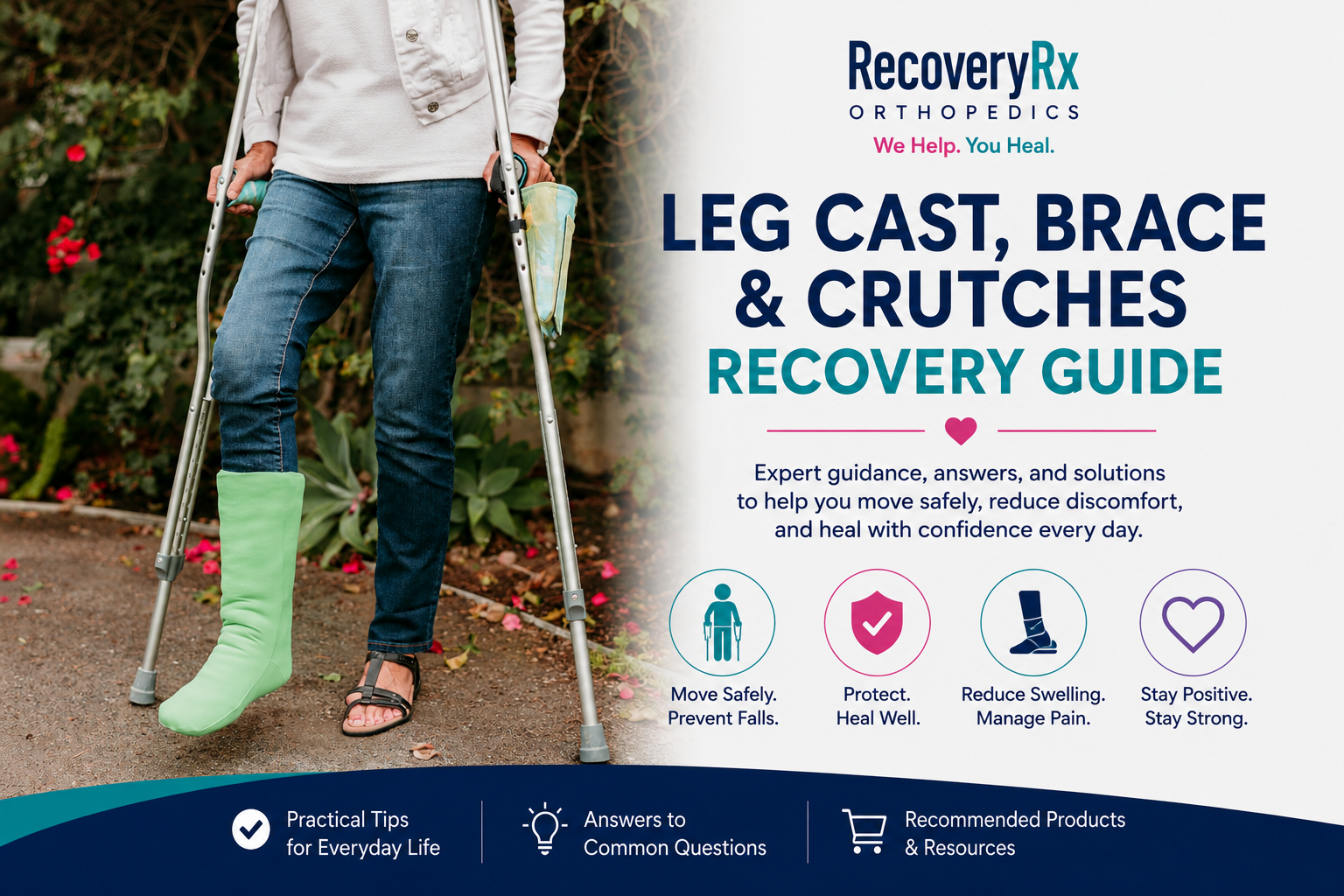Patient walking with crutches and a leg cast cover, representing the Leg Cast, Brace & Crutches Recovery Guide and providing support for safe movement and healing during recovery.