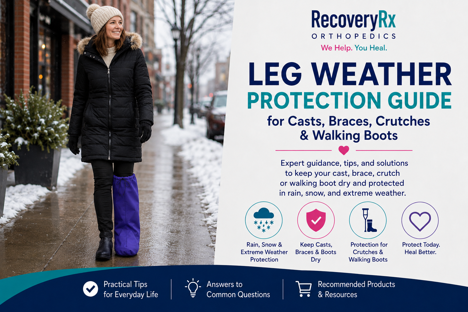 Woman wearing a BootGuardzXtreme weather protection cover over an orthopedic walking boot while walking on a snowy city sidewalk. Weatherproof protection helps keep walking boots dry and protected from rain, snow, slush, and cold winter conditions.