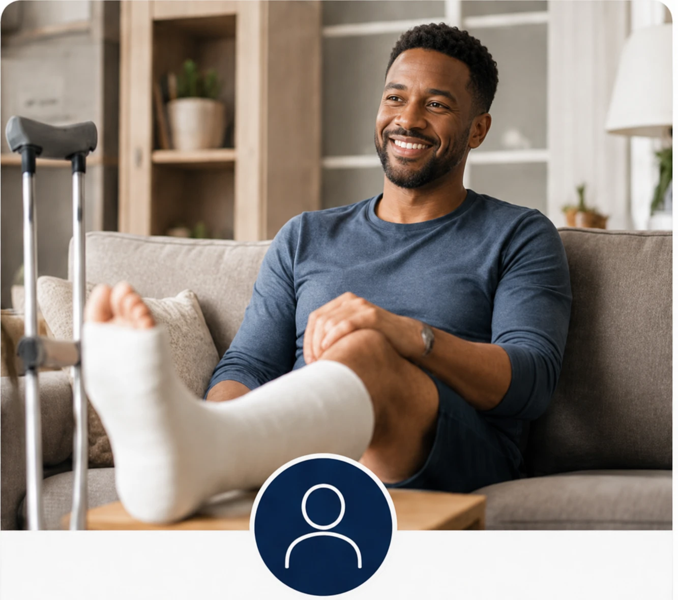 Adults: Man at home recovering from a leg injury with a cast and crutches nearby