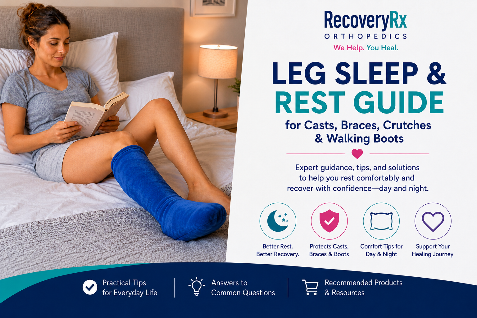 Woman resting comfortably in bed with a leg cast cover while reading a book. RecoveryRx Leg Sleep & Rest Guide for casts, braces, crutches, and walking boots focuses on comfort, elevation, and better sleep during orthopedic recovery.