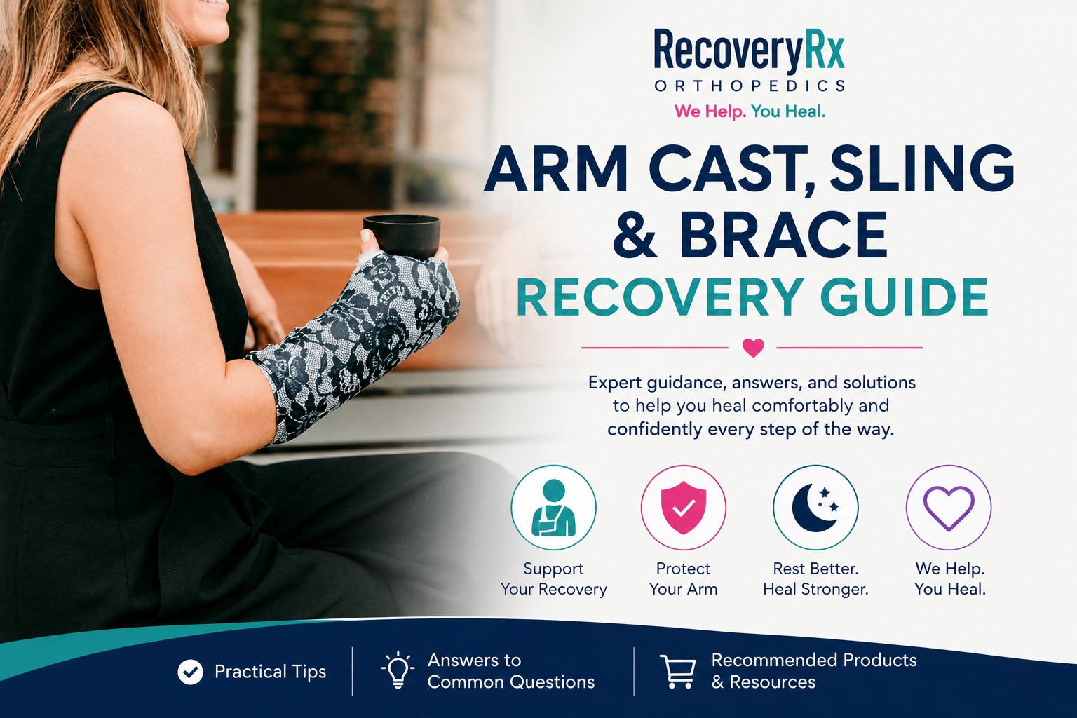 Patient wearing an arm cast cover while recovering from an arm injury, illustrating the Arm Cast, Sling & Brace Recovery Guide with tips for comfort, sleep, protection, and daily activities.