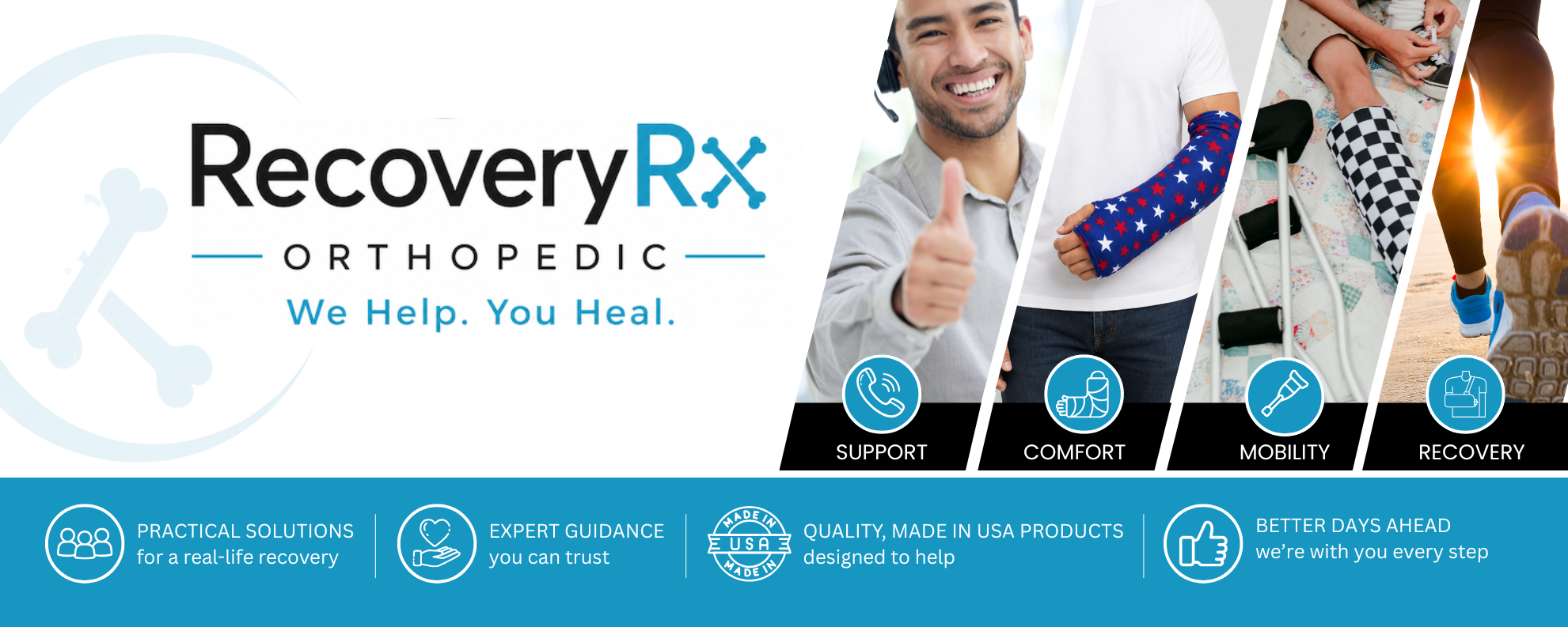 RecoveryRx Orthopedic by CastCoverz featuring orthopedic recovery support for casts, walking boots, slings, crutches, mobility, comfort, and healing at home with the message We Help. You Heal.
