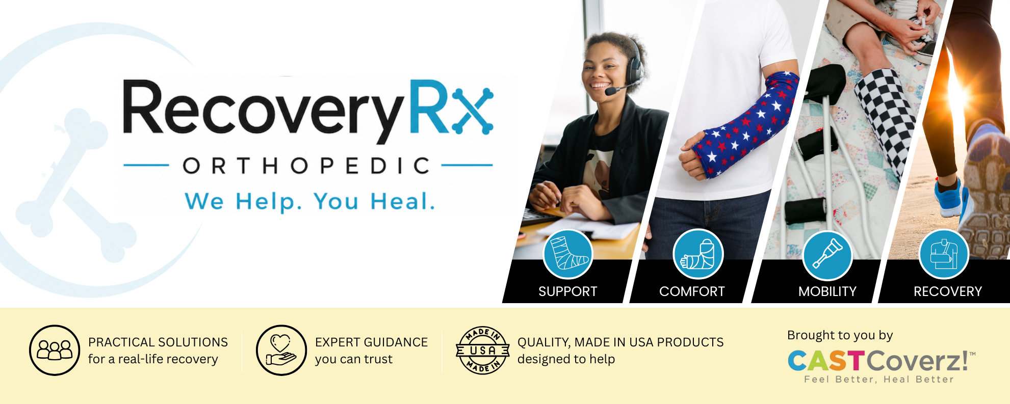 RecoveryRx by CastCoverz! helps patients and caregivers navigate orthopedic recovery at home with practical guidance, comfort products, cast care, walking boot support, sling comfort, and recovery resources.