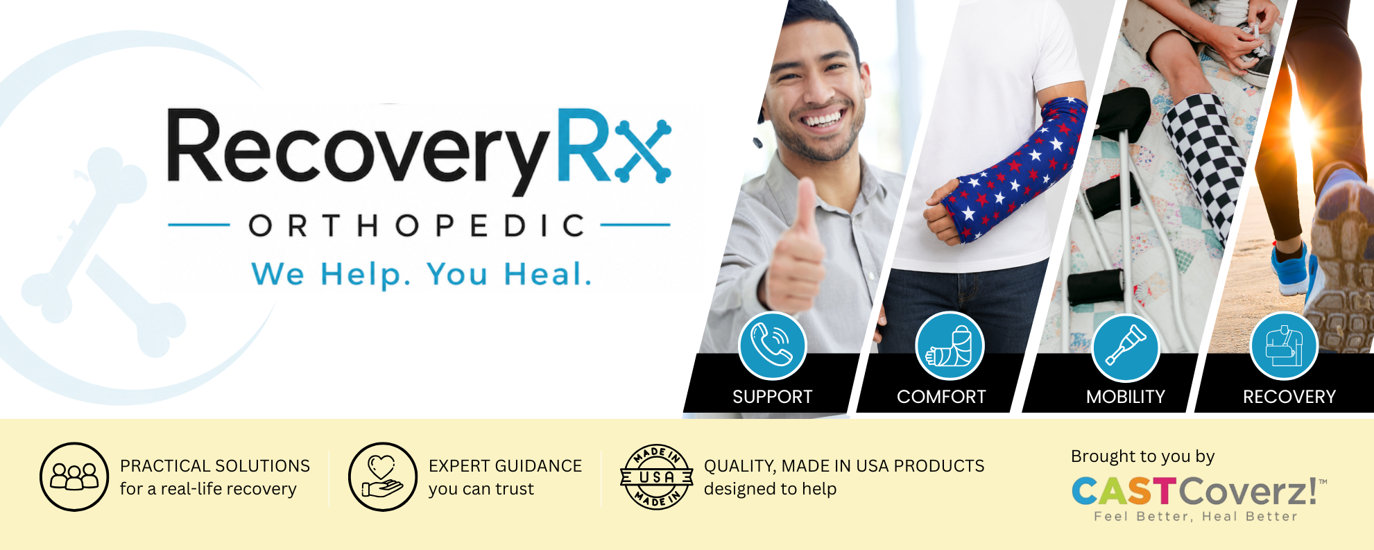 RecoveryRx Orthopedic by CastCoverz featuring orthopedic recovery support for casts, walking boots, slings, crutches, mobility, comfort, and healing at home with the message We Help. You Heal.