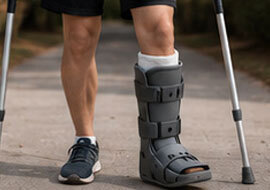 Mobility & Movement: Person walking outdoors with crutches and a medical walking boot