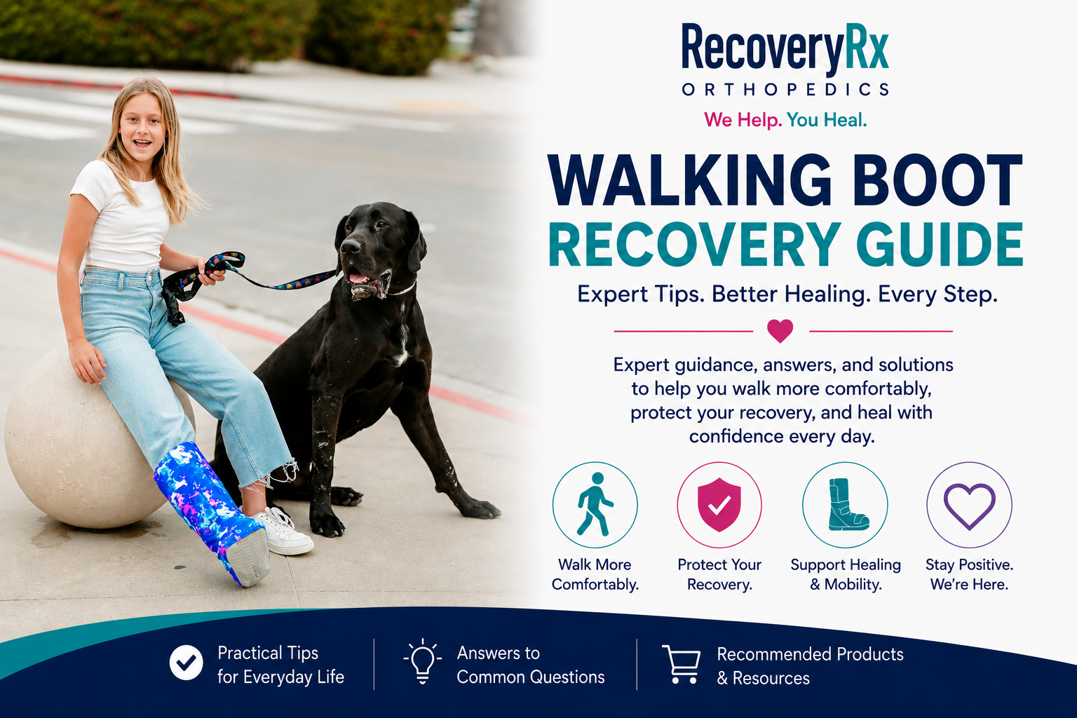 Patient wearing a walking boot cover during recovery from a foot, ankle, or lower leg injury, representing the Walking Boot Recovery Guide and providing support for mobility, comfort, and healing.