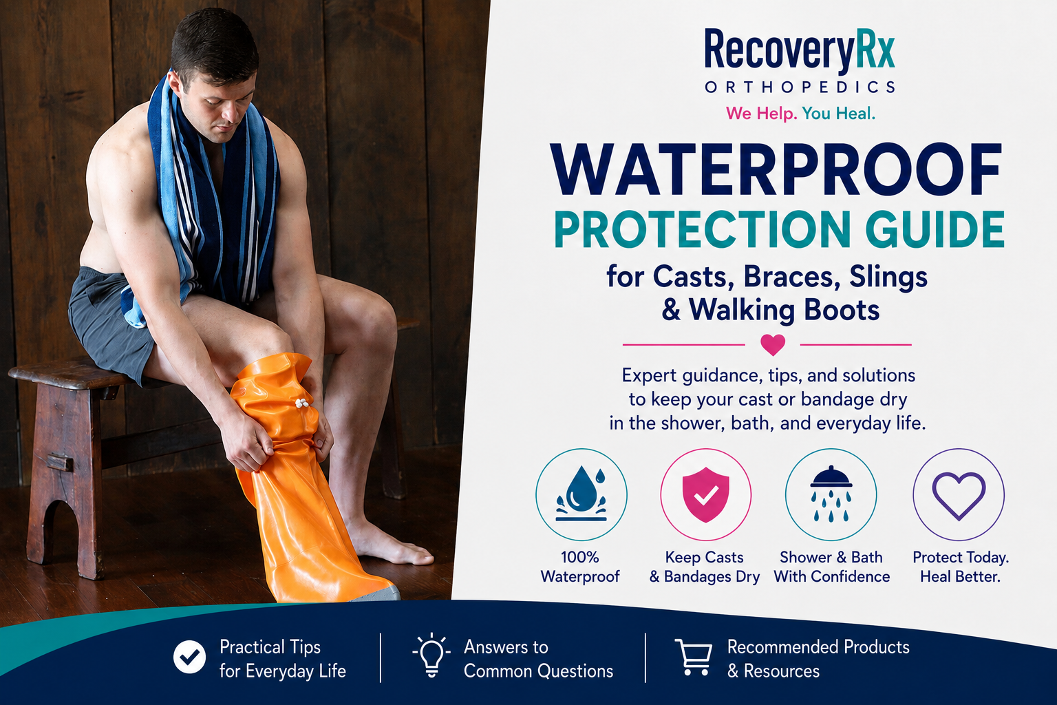 Man putting on a waterproof leg cast cover before showering, demonstrating waterproof protection for casts, braces, bandages, and walking boots during orthopedic recovery.