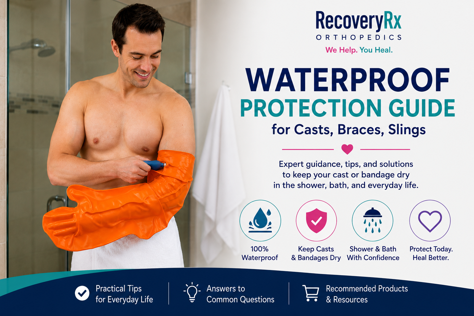 Patient using a waterproof cast protector in a bathroom to safely shower with an arm cast, brace, or bandage during recovery.