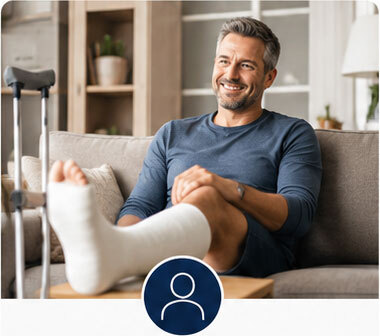 Adults: Man at home recovering from a leg injury with a cast and crutches nearby