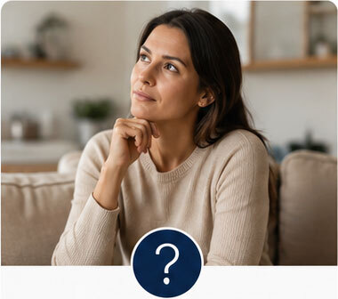 Recovery Questions: Woman at home looking thoughtful while seeking guidance about orthopedic recovery