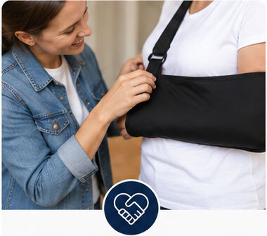 Caregivers: Caregiver helping a woman adjust her arm sling during recovery
