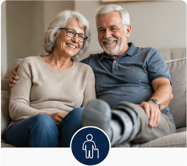 Seniors: Smiling older couple at home while the man recovers from a leg injury
