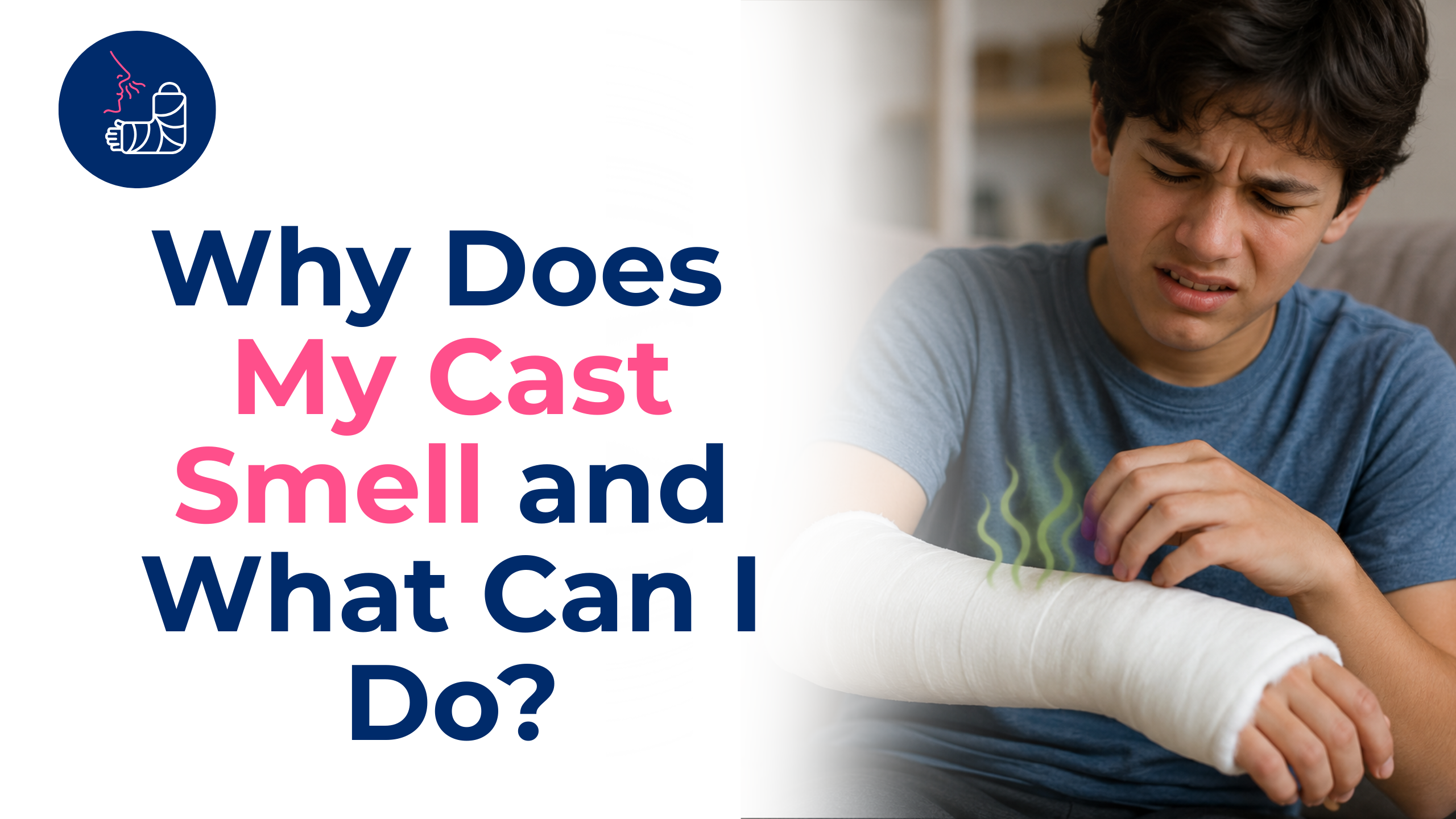 Person wearing an arm cast noticing an unpleasant odor coming from the cast, illustrating a common concern during orthopedic recovery and cast care.