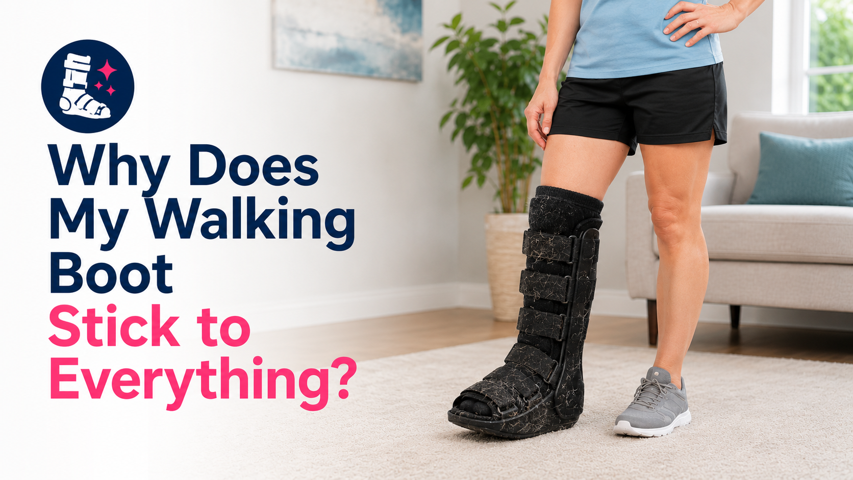 graphic that says why does my walking boot stick to everything with a woman wearing an orthopedic walking boot with lots of lint and dirt on it