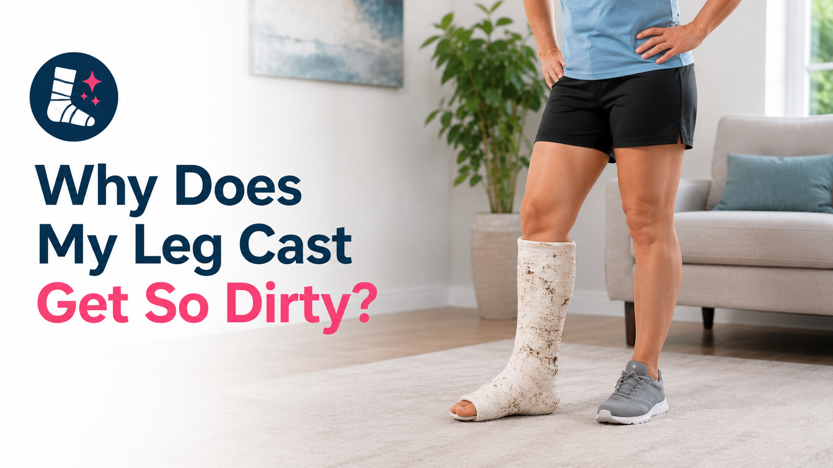 Patient with a dirty leg cast during orthopedic recovery showing common problems like dirt, stains, outdoor wear, and everyday cast protection challenges at home