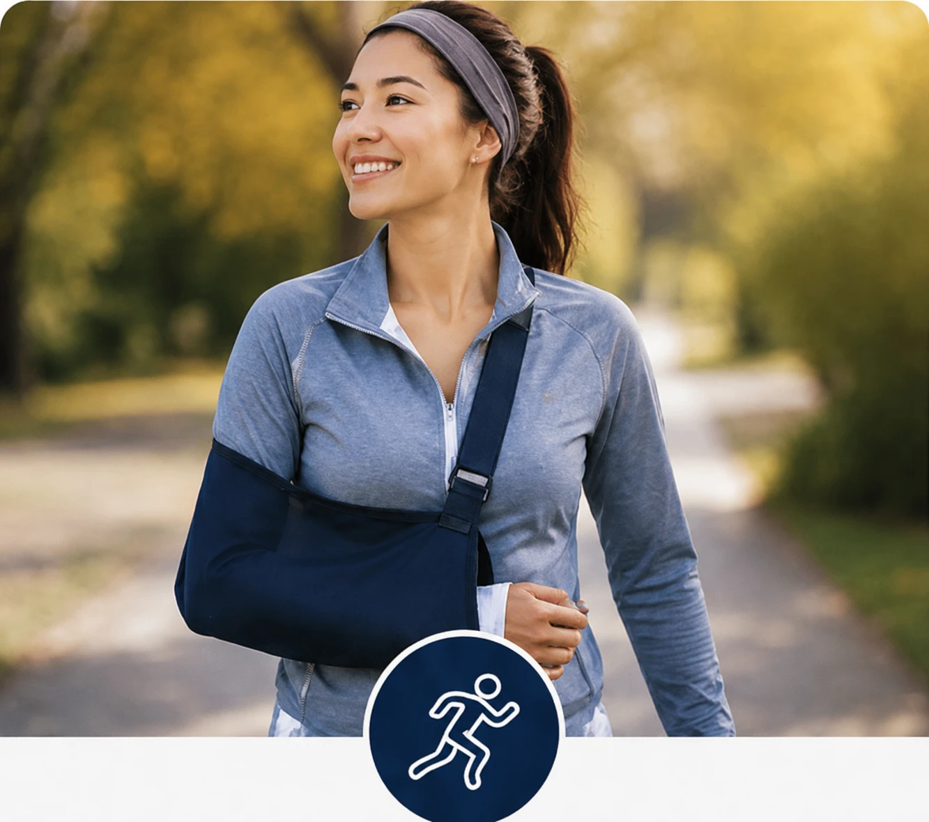 Athletes & Active Lifestyles: Active woman outdoors wearing an arm sling during recovery