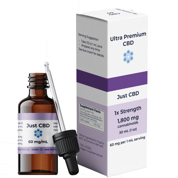 Ultra Premium Just CBD 1,800 mg product box and bottle Ultra Premium Just CBD 1,800 mg product box and bottle