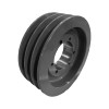 Air Compressor Sales 7.35" OD Three-Groove Pulley, B/5L Type #0199F3, black metal industrial pulley with three grooves for air compressor drive belt.