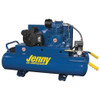 Jenny Products, Inc. New Jenny 1 HP 15-Gallon Twin-Tank Wheeled Portable Electric Air Compressor, 4.2 CFM, #116747, blue industrial air compressor with dual tanks, gauges, and yellow tire tools.