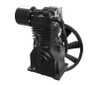 MAT - EDI Industrial Air Two-Stage Inline Twin-Cylinder Air Compressor Pump Assembly, 7.5 HP, HB75 #022908, black industrial air compressor pump with cooling fins and a large flywheel.
