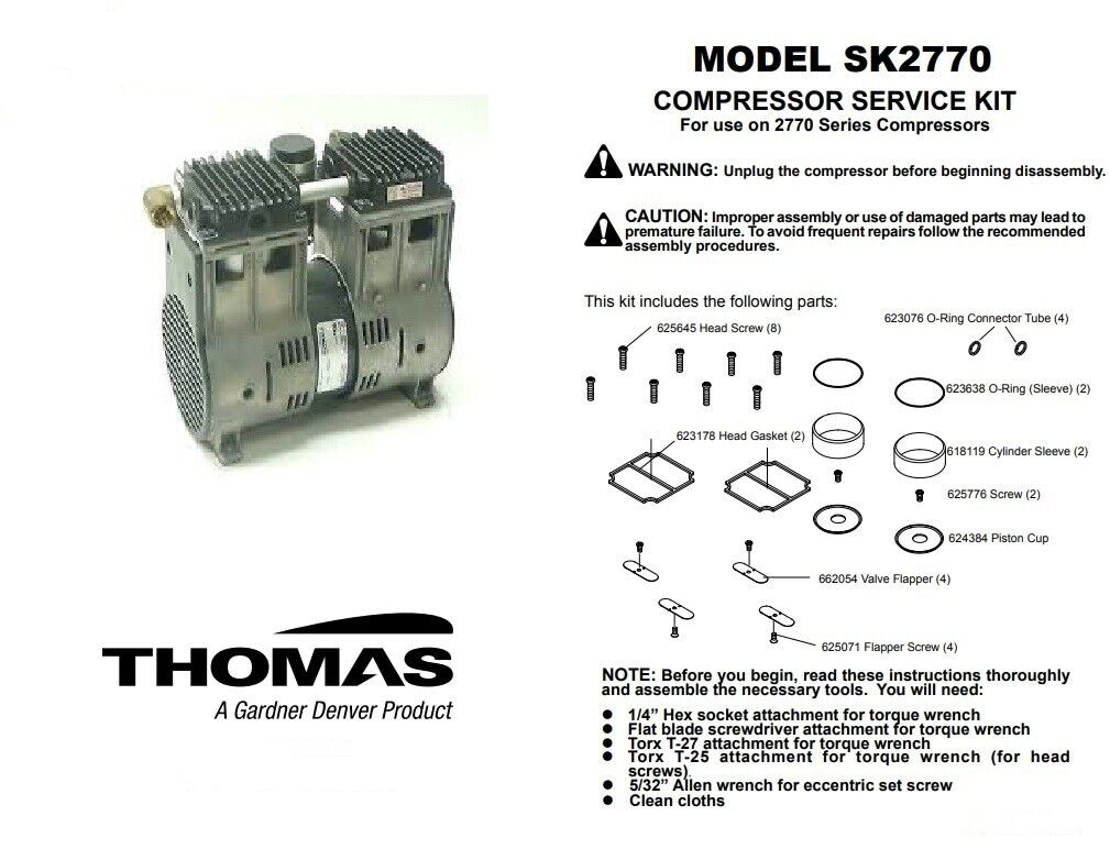 Thomas Compressor 2619/2639 Top End Rebuild Kit – With Sleeves (Instructions Avail)